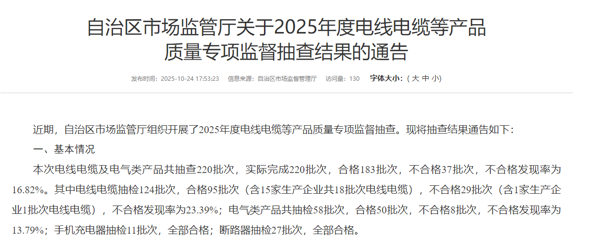 宁夏近期电线电缆抽检情况-电缆生产流通