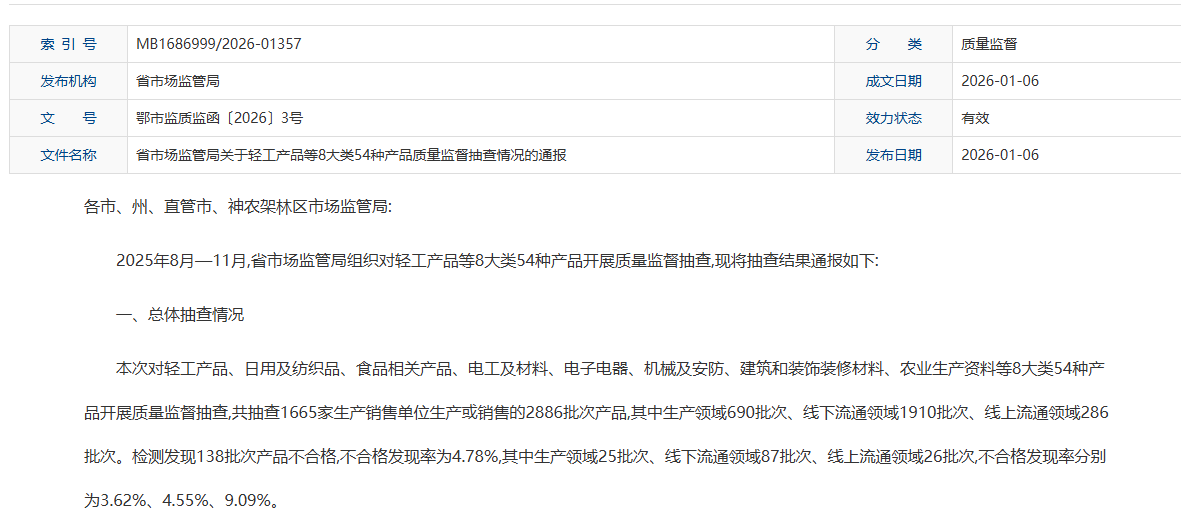湖北省近期电线电缆产品质量抽...