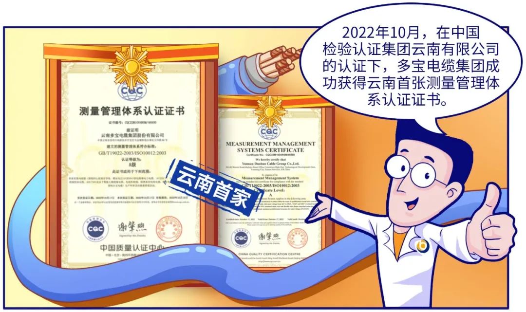多宝电缆获颁云南首张测量管理体系认证证书