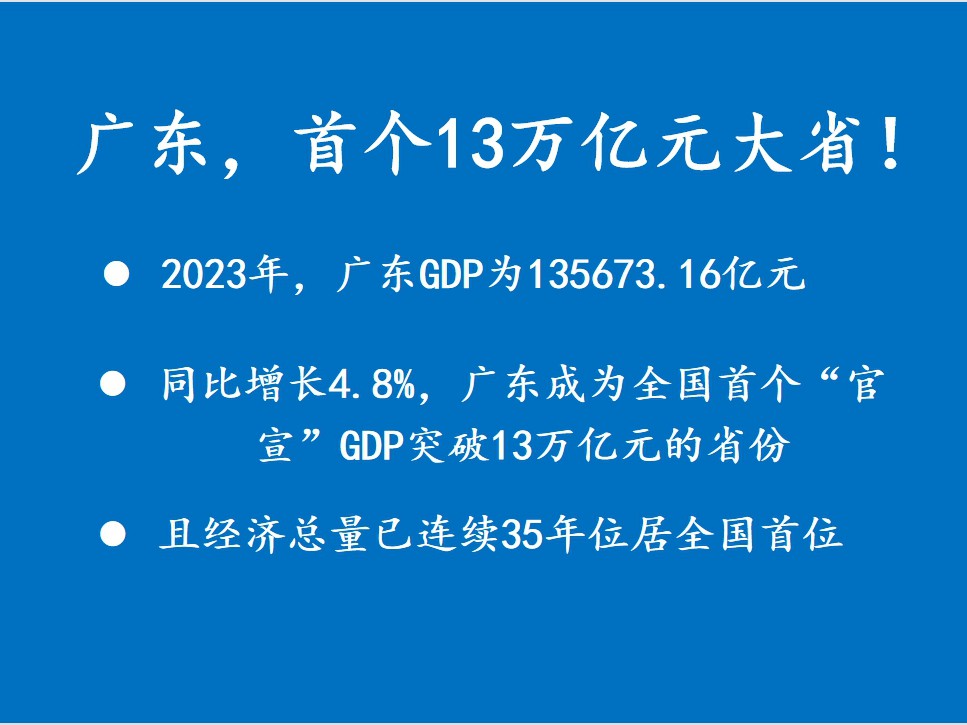 广东，首个13万亿元大省！省统计局“官宣”2023年GDP