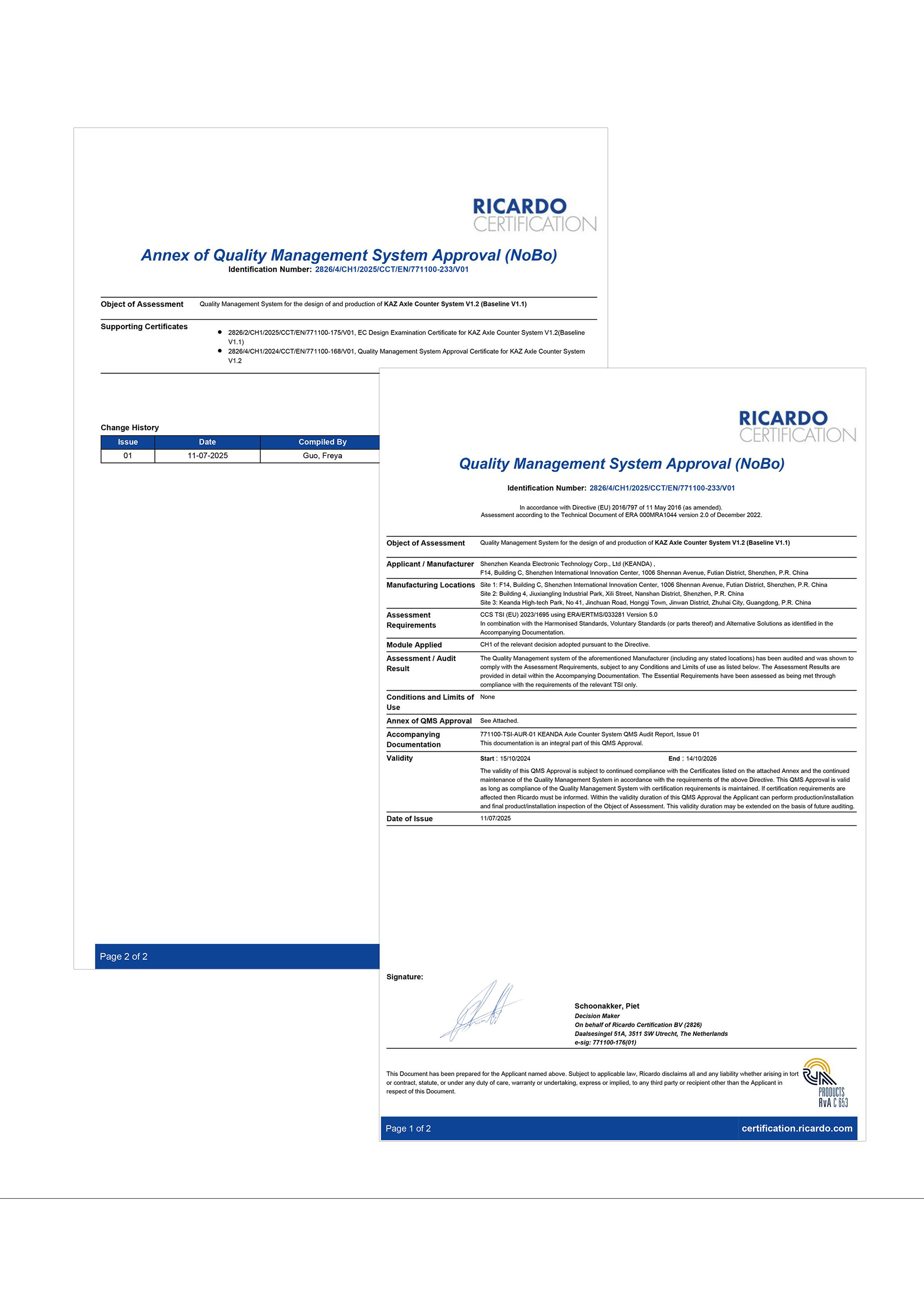 Quality Management System Approval（NoBo）