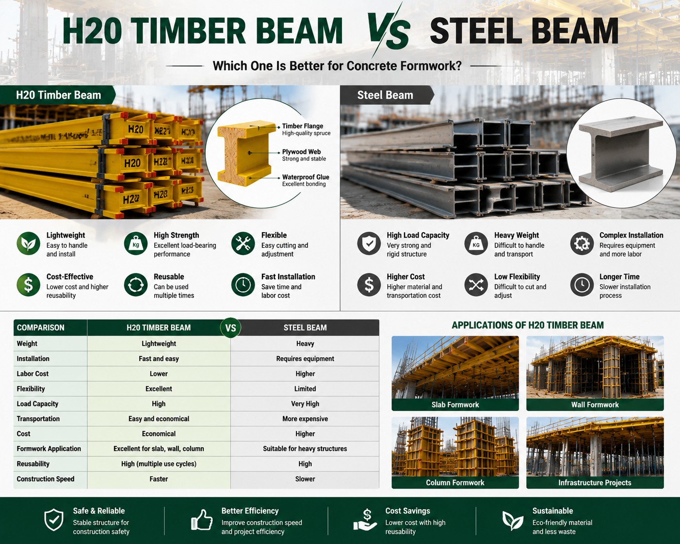 H20 Timber Beam vs Steel Beam: Which One Is Better for Concrete Formwork?
