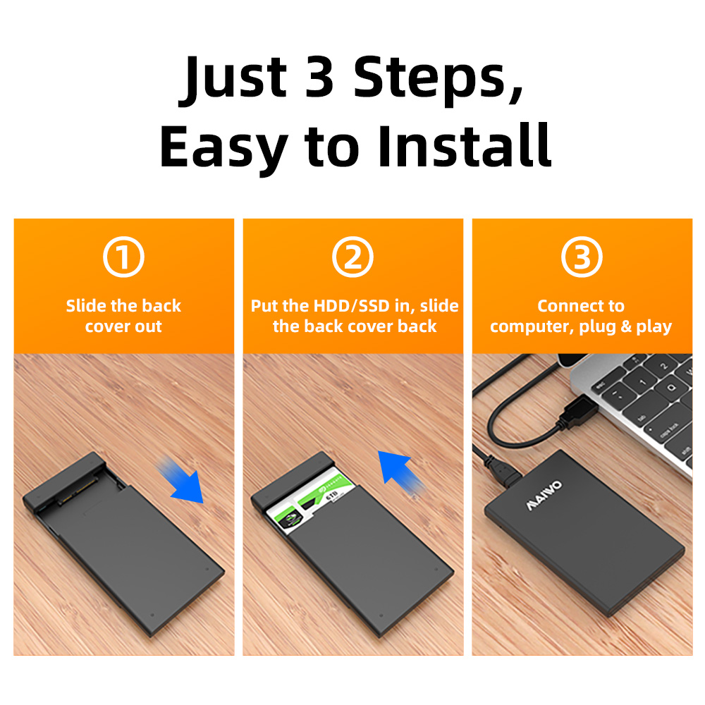 MAIWO K2568 Tool free USB3.2 GEN1 Screwless 2.5”SATA HDD/SSD Enclosure with Slide type