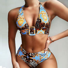 High waist printed halter bikini women's split swimsuit
