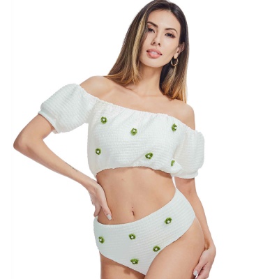 Women's Two Piece Bandeau Bikini Off Shoulder Smocked High Waisted Swimsuit Bathing Suit Ruffled 
