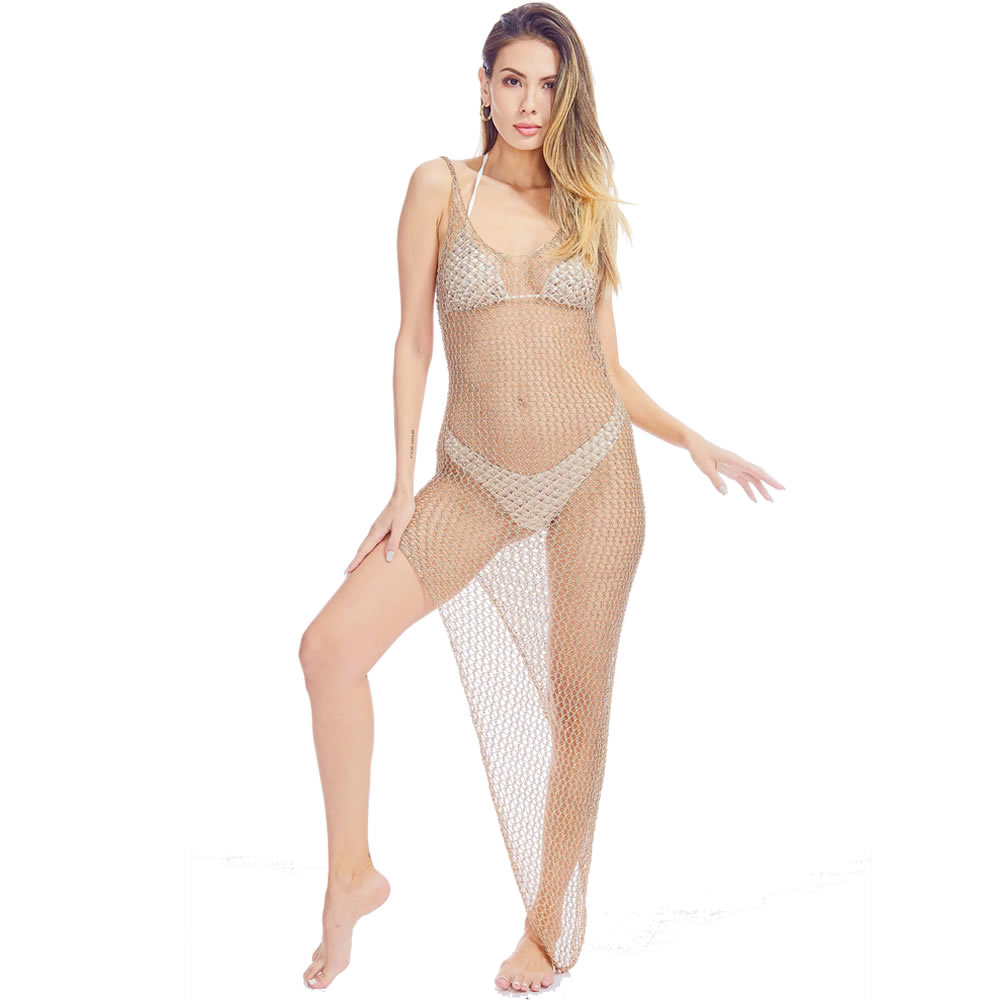 Women Sexy See Through Mesh Beach Bikni Swimsuit Sleeveless Cover up Rhinestone Midi Dress White