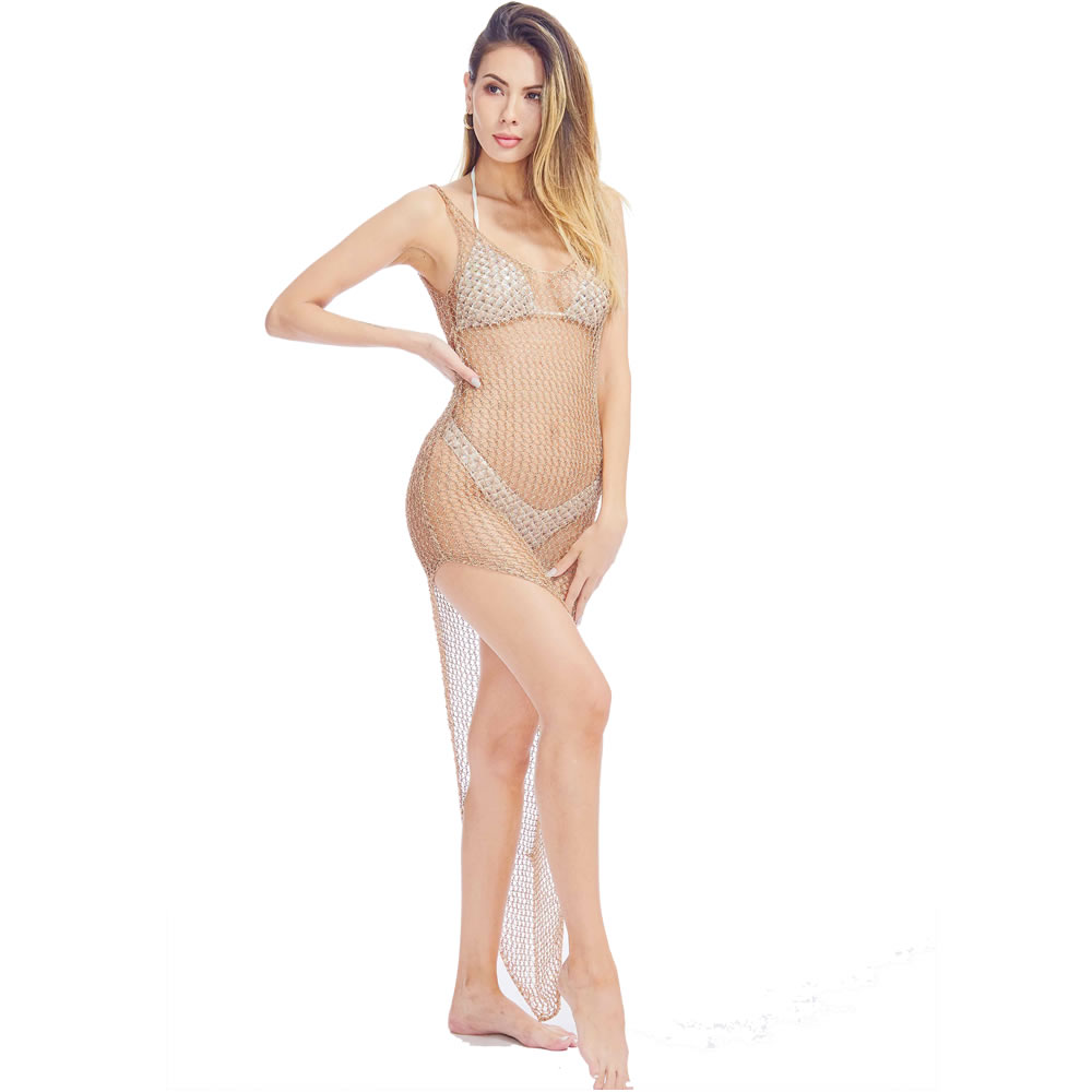 Women Sexy See Through Mesh Beach Bikni Swimsuit Sleeveless Cover up Rhinestone Midi Dress White