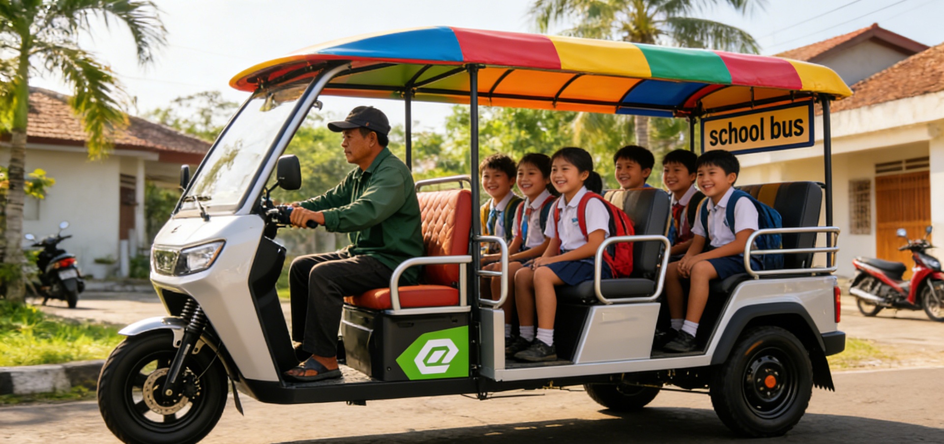 6-8 seat electric passenger tricycle with safety rails - community transport and school shuttle for Southeast Asia