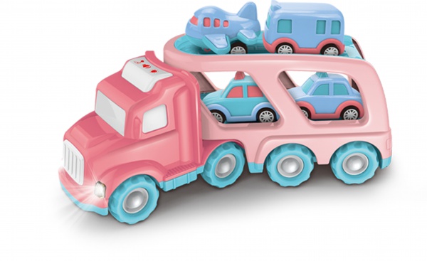 PC66-5 Pink Color Carrier Truck Toy Set(5 in 1) with Lights and Sounds, Double Layer Friction Power Truck with Cartoon Vehicles
