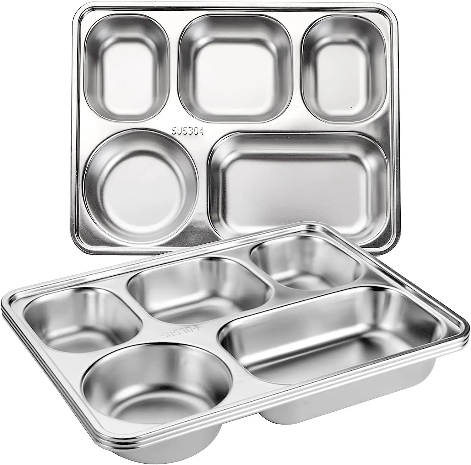 Stainless Steel Rectangular Divided Dinner Plate 5 Compartment SS304 Lunch Box Food Tray with Steel Lid for School Students