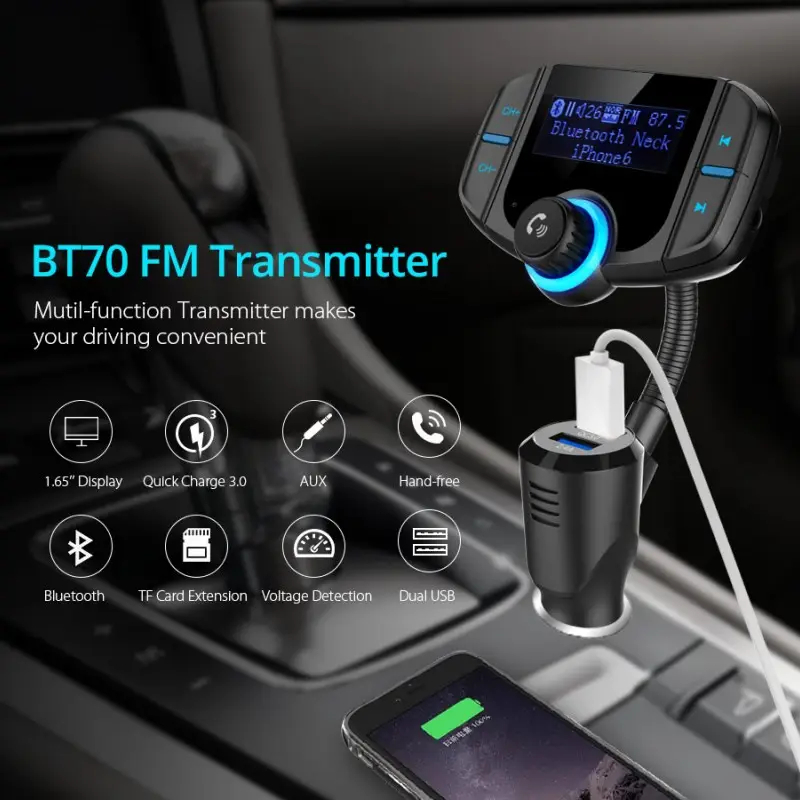 BT70 Gooseneck QC3.0 Dual USB Car Mp3 Player 1.7 Inch Display Bluetooth FM Transmitter Wireless Radio Adapter HandsFree Car Kit
