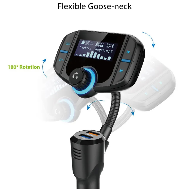 BT70 Gooseneck QC3.0 Dual USB Car Mp3 Player 1.7 Inch Display Bluetooth FM Transmitter Wireless Radio Adapter HandsFree Car Kit