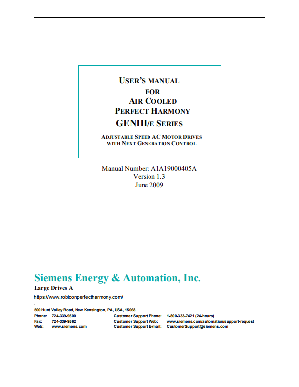 Siemens Robicon AIR COOLED PERFECT HARMONY GENIIIE SERIES VFD User Manual A1A19000405A