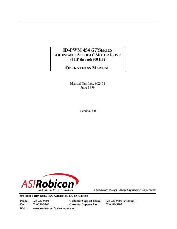 ASI Robicon ID-PWM 454 GT SERIES ADJUSTABLE SPEED AC MOTOR DRIVE （3 HP through 800 HP） OPERATIONS