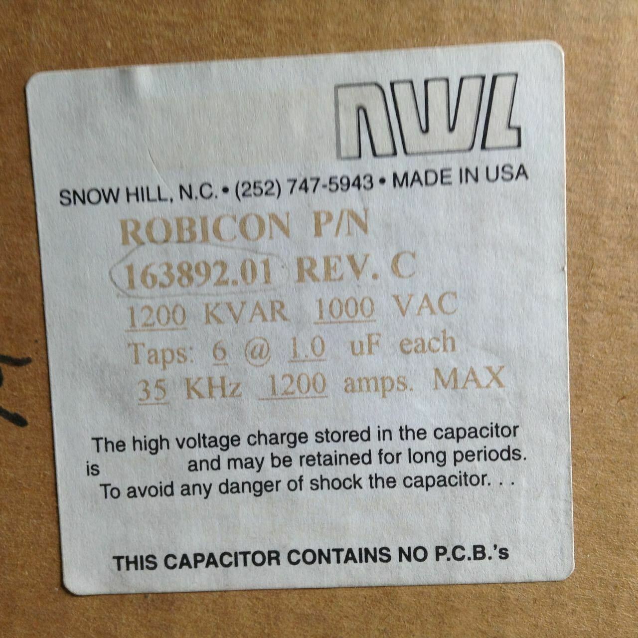 Siemens Robicon 163892.01 REV.C 1200 KVAR 1000VAC Capacitor