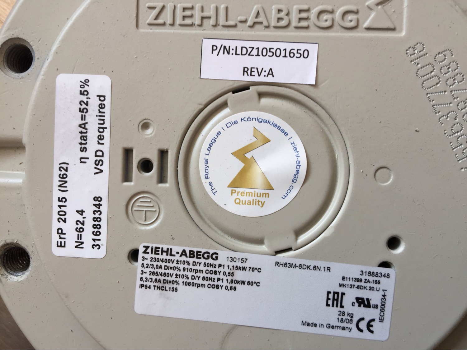 Siemens, LDZ10501652, AC FAN, 28.1”, 6SR3900-0GM05-0AD0, RH71M-6DK.7Q.1R, ZIEHL-ABEGG