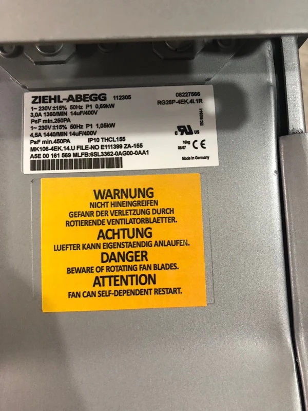 Siemens S120 Drives Fan 6SL3362-0AG00-0AA1, A5E00161569, ZIEHL-ABEGG RG28P-4EK.4I.1R
