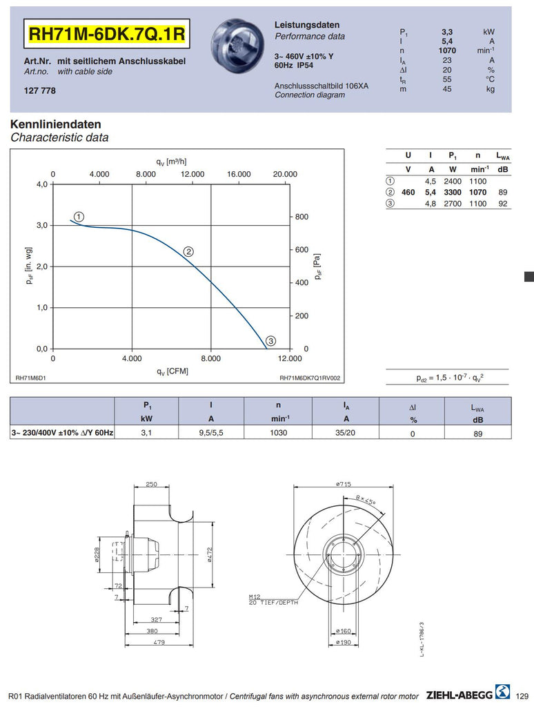 Ziehl-abegg RH71M-6DK.7Q.1R, BLOWER Kit and START for RH71, RH71 BLOWER, LDZ10501652	AC FAN, 28.1”, 6SR3900-0GM05-0AD0