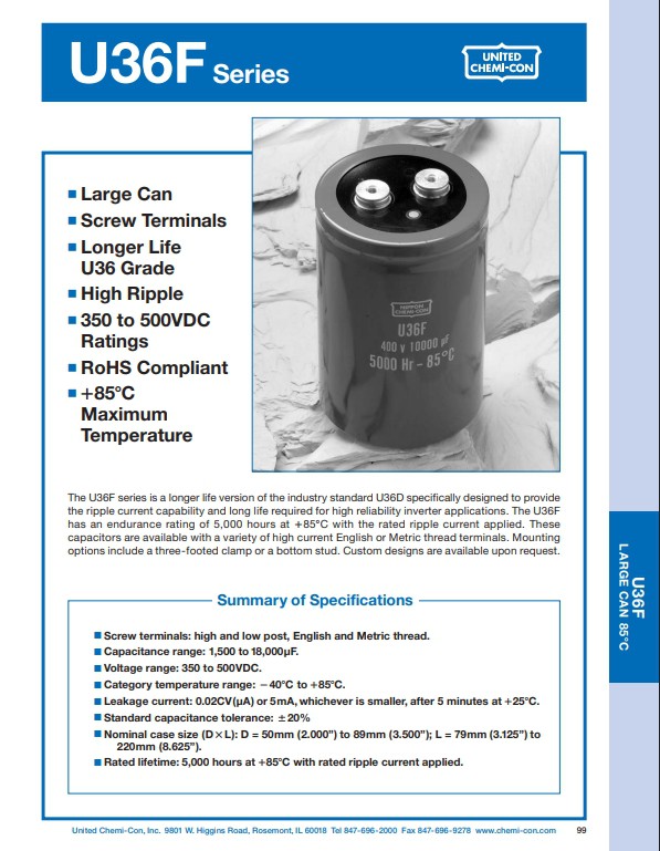 Aluminum Electrolytic Capacitors Chemi-Con E36F451CAN143MEM9U 14000uF 450VDC Capacitor D76.2xL220mm Screw Terminals 5000 Hrs @ 85°C Tolerance±20%