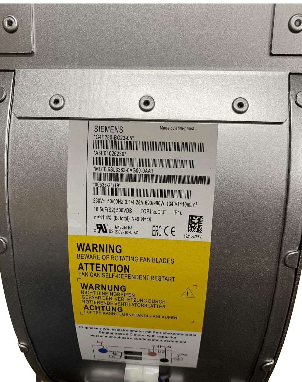 Siemens A5E01026230, 6SL3362-0AG00-0AA1, Cooling Fan EBMPAPST G4E280-BC23-05, 230 VAC, CURRENT: 3.1/4.28 A, SPEED: 1340/1410 RPM, INSULATION CLASS: IP 10, POWER: 690/980 W