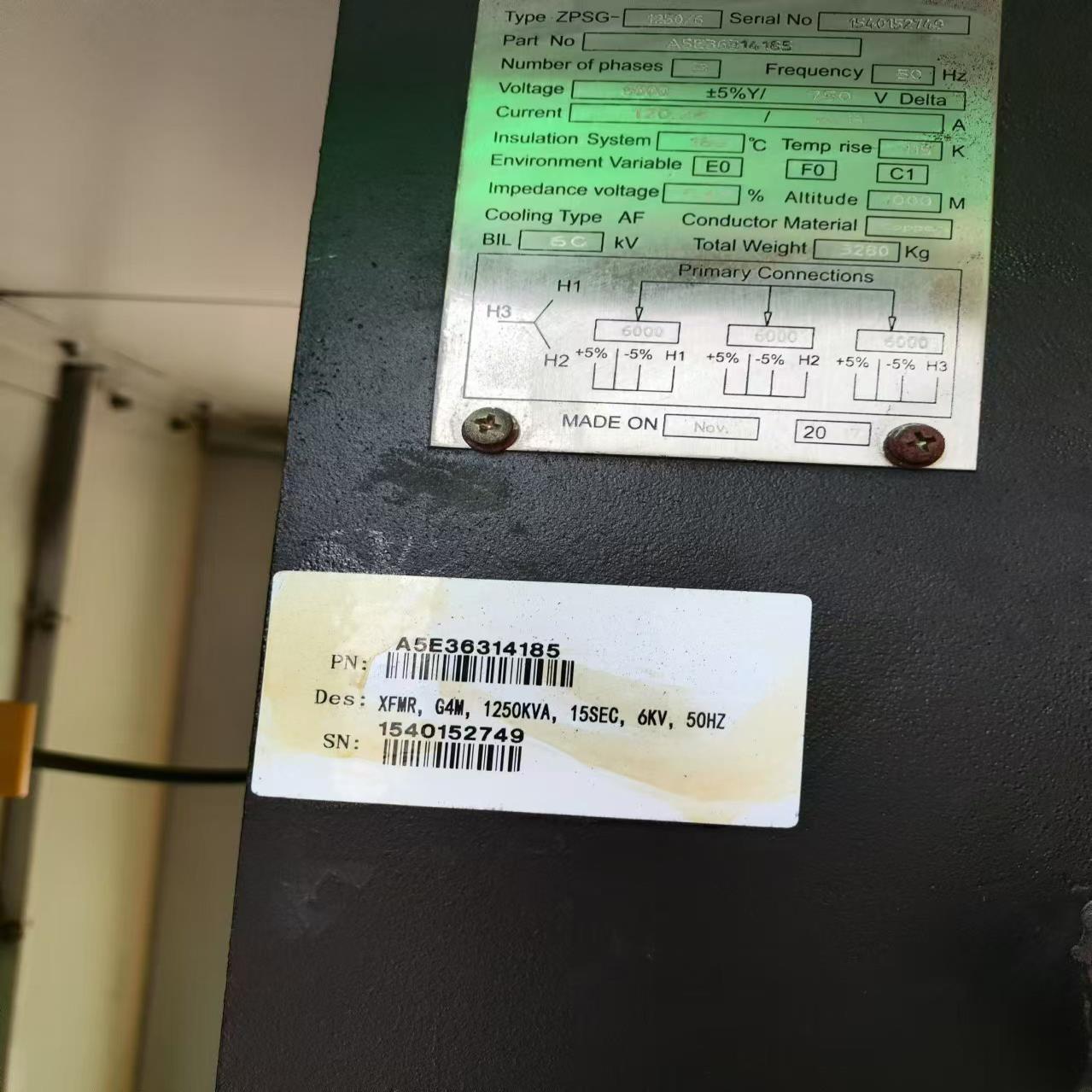 Transformer A5E35870160, ZPSG-4000/11, 3PHASES, 50HZ, 11000V, 750V DELTA, 75KV, 5500KG, COPPER
