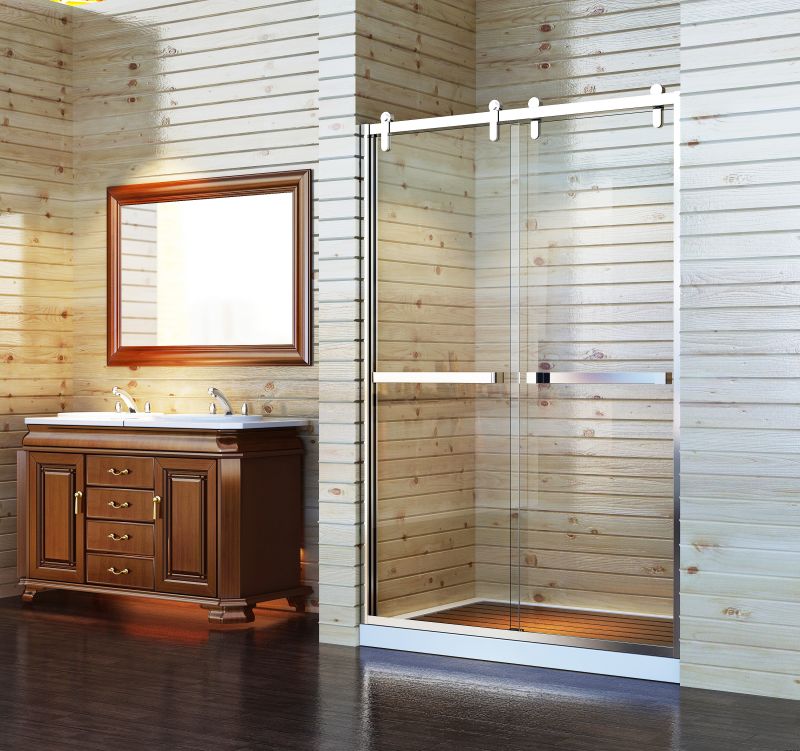Soft Closing Tempered Glass Double Sliding Shower Door Enclosure with Rectangle Tube Handle for Bathroom