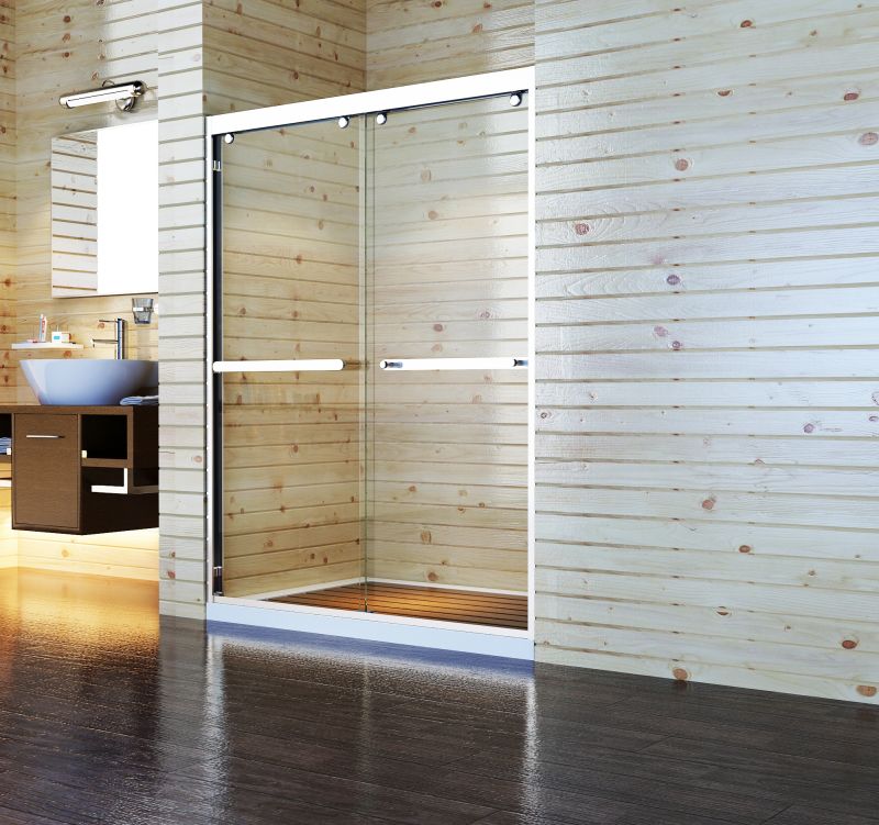 Soft Closing Tempered Glass Double Sliding Shower Door Enclosure with Rectangle Tube Handle for Bathroom