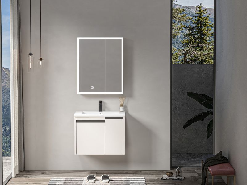 Modern Wall Mounted Bathroom Vanity with LED Light Mirror Cabinet and One Piece Ceramic Basin