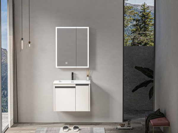 Modern Wall Mounted Bathroom Vanity with LED Light Mirror Cabinet and One Piece Ceramic Basin