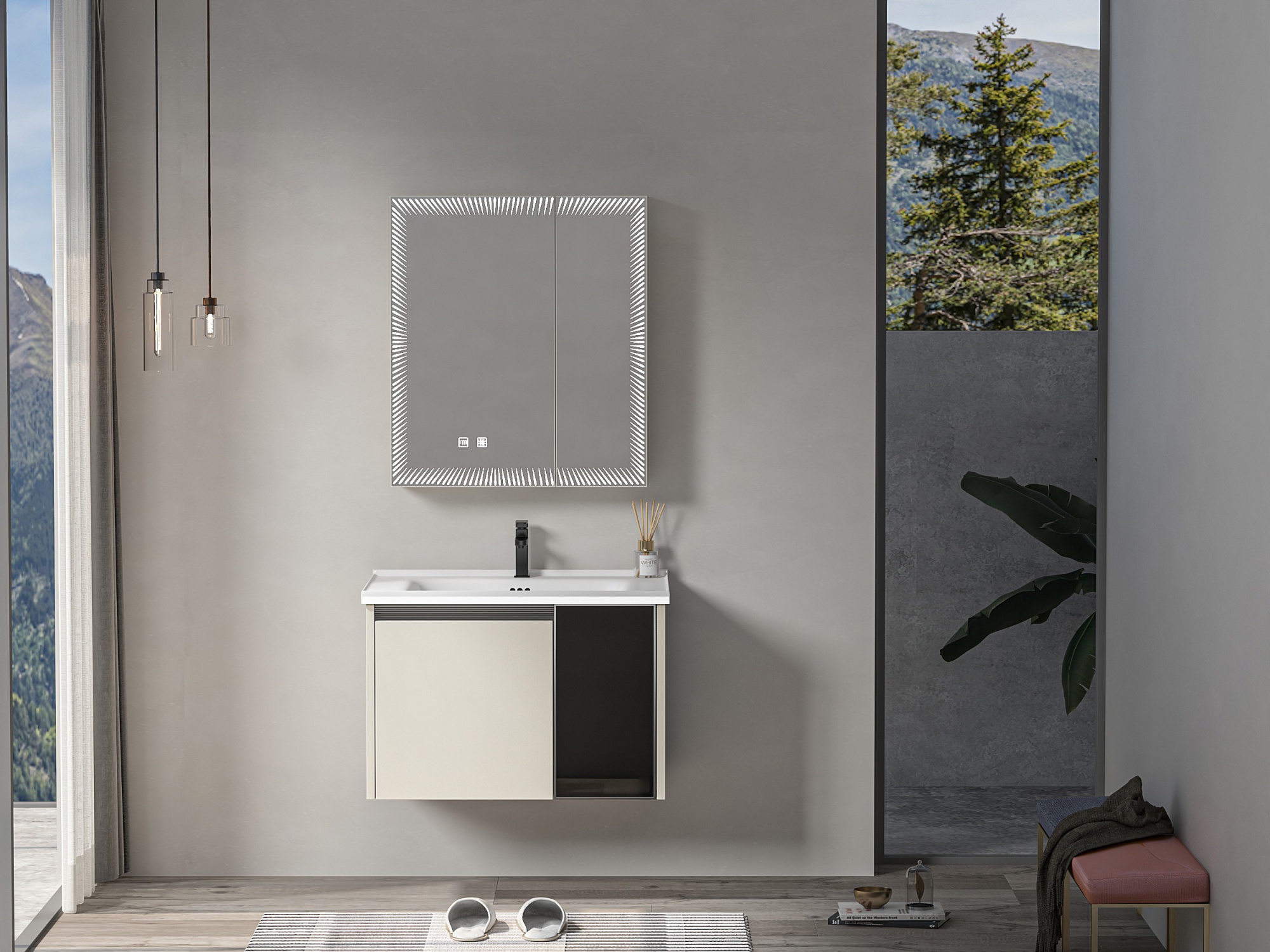 Modern Bathroom Vanity with Ceramic Basin and Mirror Cabinet Bathroom Cabinets Customized 