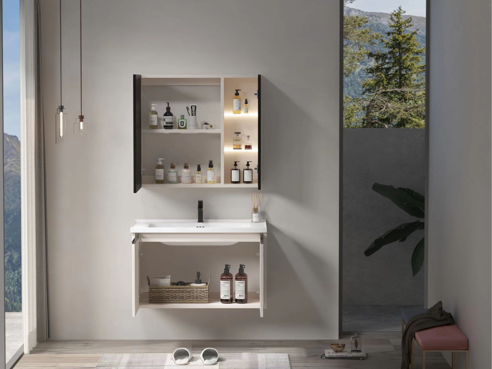 Customized Wooden Cabinet Bathroom Vanity with Basin and Mirror Cabinets