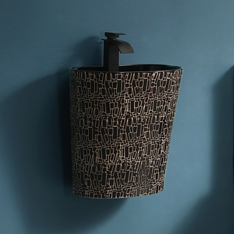 Factory Wholesale Black with Glod Craft Pattern Wall Hung Wash Basin Sink Ceramic Lavabo for Hotel