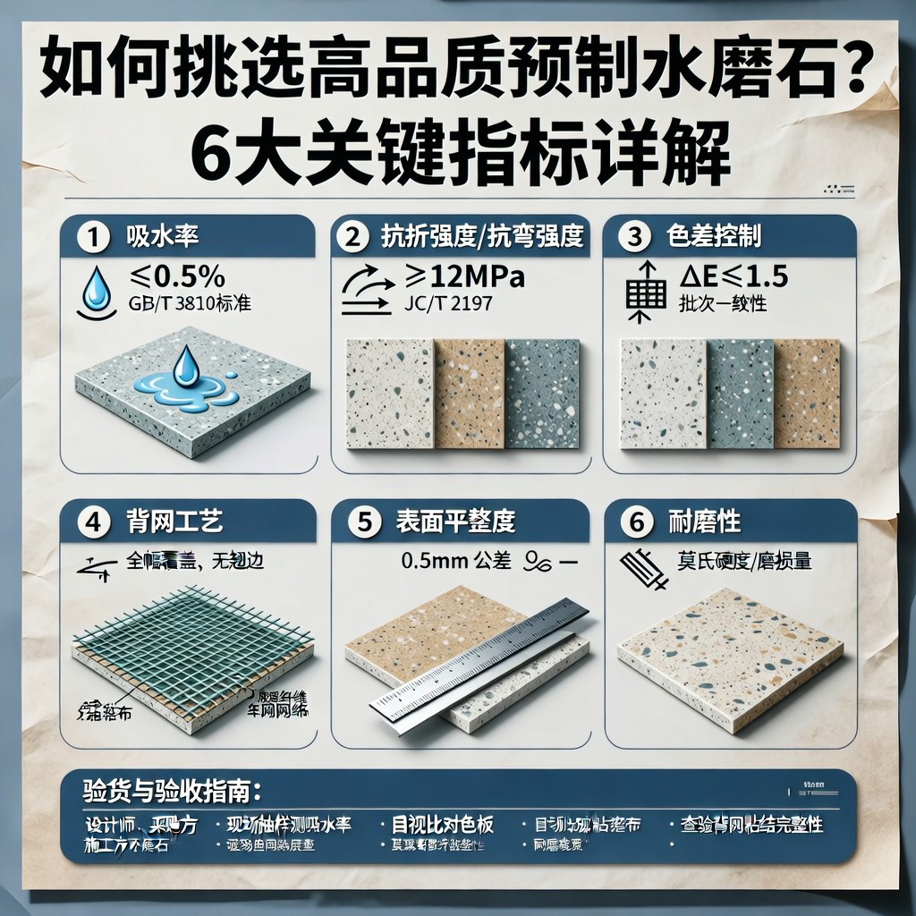 如何挑选高品质预制水磨石？6大关键指标详解（吸水率、抗折强度、色差控制、背网工艺等）