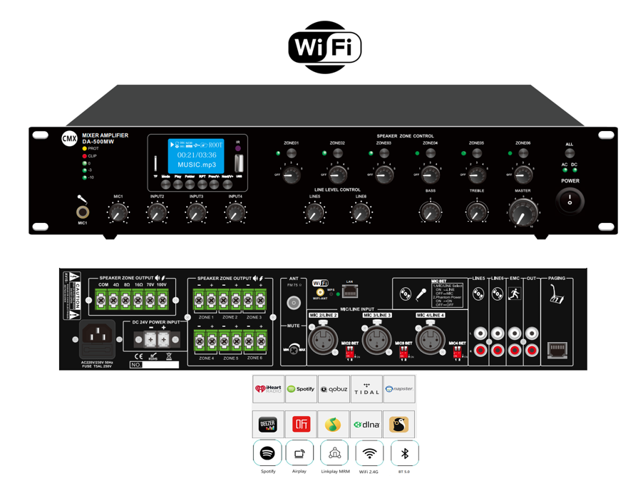 Wi-Fi Internet Streaming 6 Zone Mixer Amplifier with ATT/Mp3/USB/FM/Bluetooth  DA-120MW/DA-240MW/DA-350MW/DA-500MW