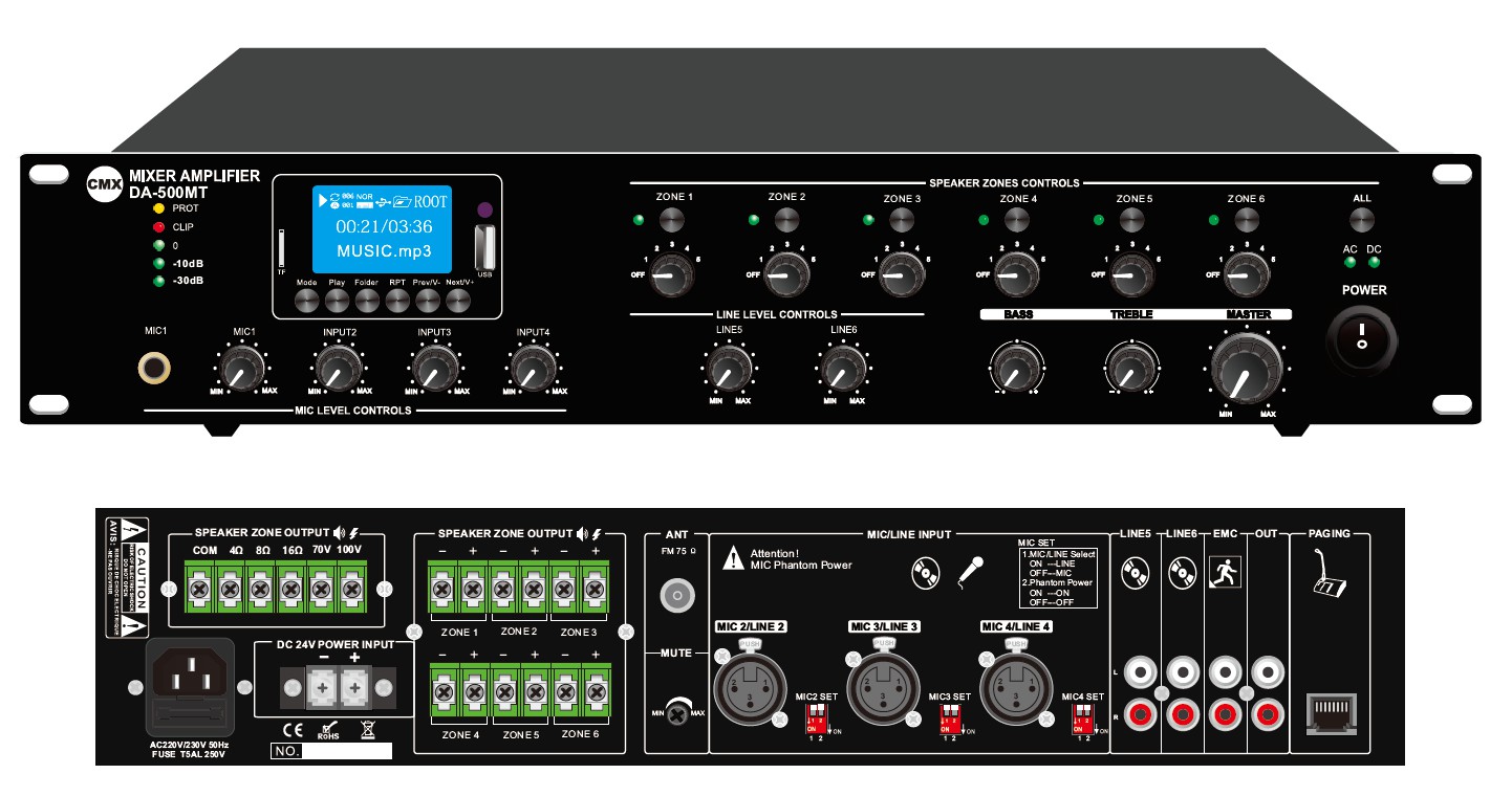 6 Zone Mixer Amplifier with ATT/Mp3/USB/FM/Bluetooth DA-60MT/DA-120MT/DA-240MT/DA-350MT/DA-500MT      
