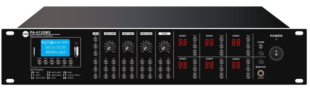 PA-6030MX PA-6060MX PA-6120MX  6 Zone Matrix Amplifier with USB/SD/FM/Bluetooth 