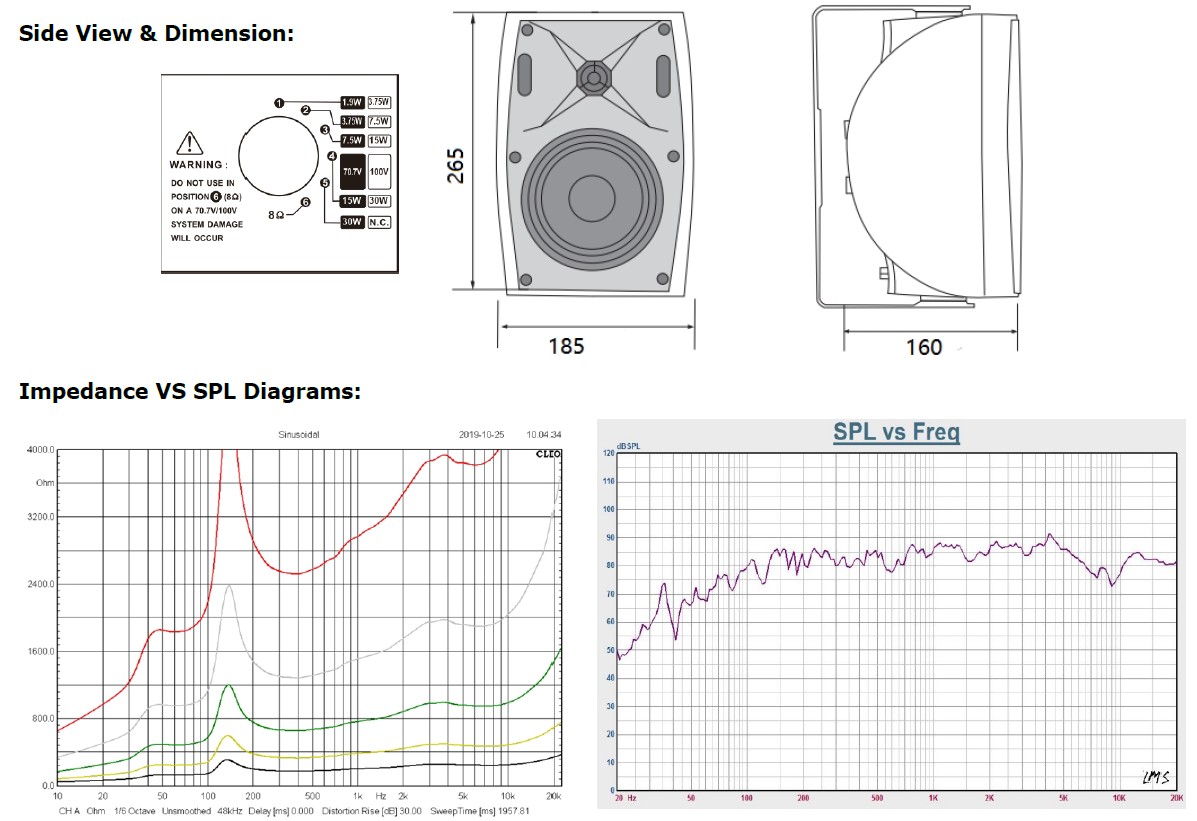 WSK-530H is 5.25” 2-way wall mount speaker with 100V & 8 Ohm 30W