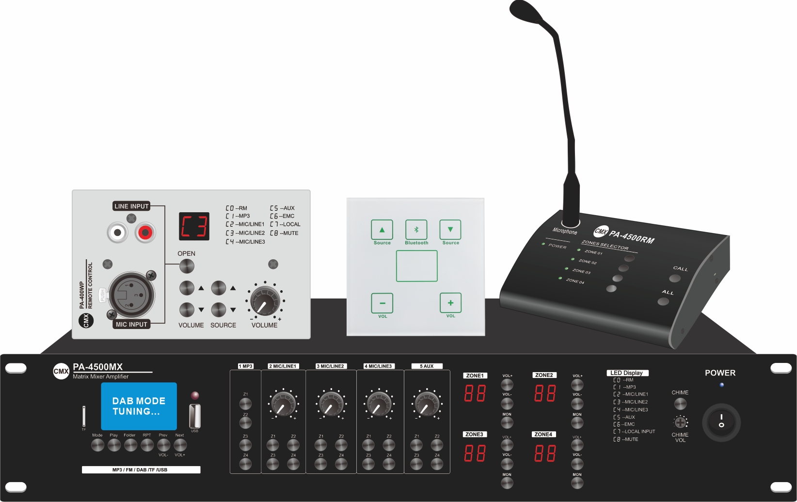 PA-4120MX PA-4240MX PA-4350MX PA-4500MX 4 Zone Mixer Amplifier with USB/SD/FM/Bluetooth  