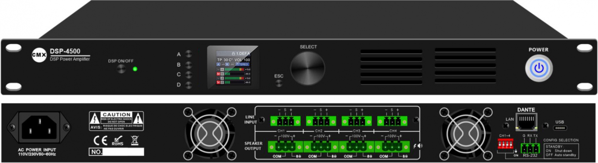 100V Four Channel Power Amplifier with DSP & Dante DSP-4120/ DSP-4240/ DSP-4350/ DSP-4500