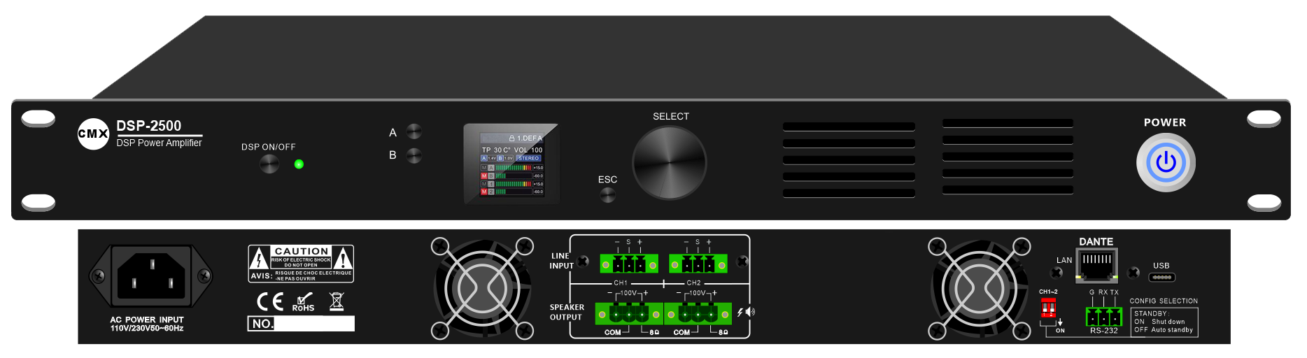 100V Two Channel Power Amplifier With DSP & DANTE DSP-2120/ DSP-2240/ DSP-2350/ DSP-2500