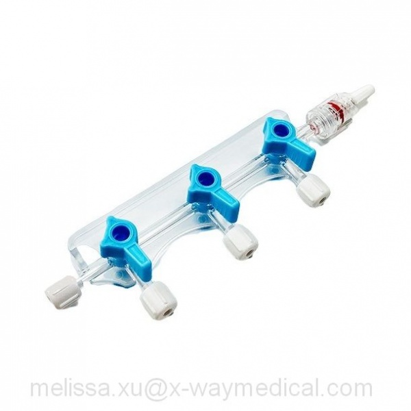3-Gang stopcock manifold, 4 female 1 rotating male lur lock 500psi 4-way fluid flow control cock device