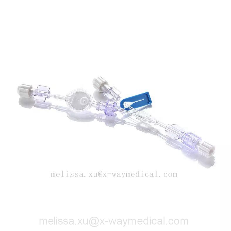 Double lumen administration connection tube extension valve wtih needle free adapter and slide clamp
