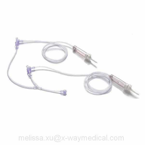 Drip chamber non-vented or vented IV tubing, large bore pressurization saline injection delivery connecting tube with male luer connector