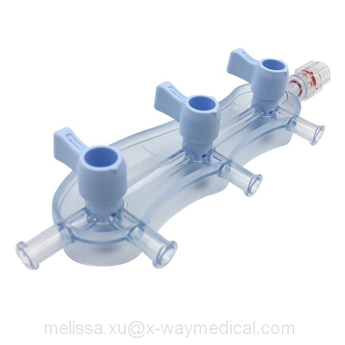 Pressure monitoring Saline contrast delivery block manifold, debubbling fluid pathway waste management system connection manifolds