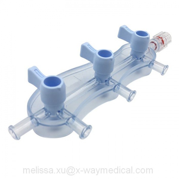 Pressure monitoring Saline contrast delivery block manifold, debubbling fluid pathway waste management system connection manifolds
