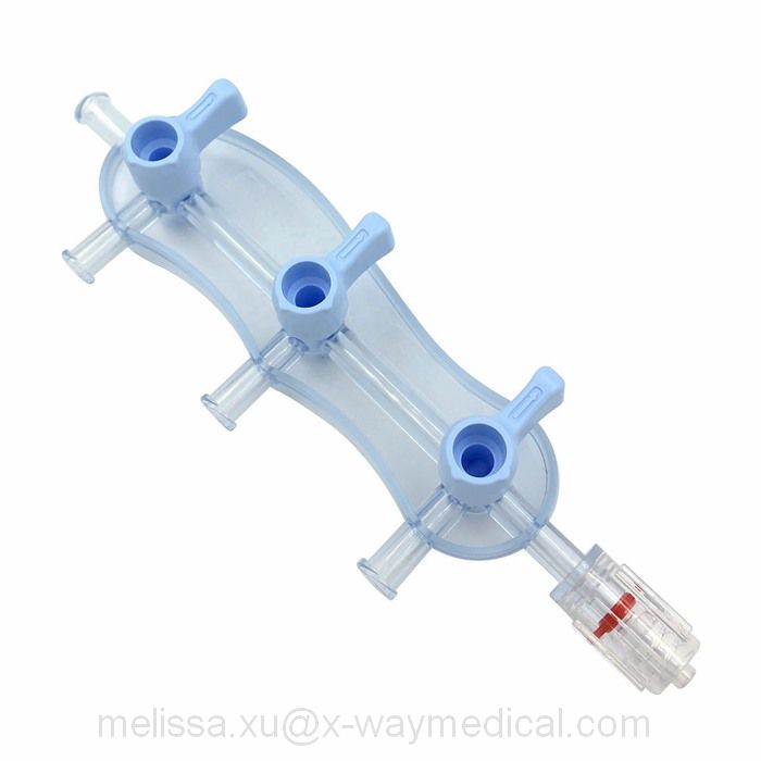 Pressure monitoring Saline contrast delivery block manifold, debubbling fluid pathway waste management system connection manifolds