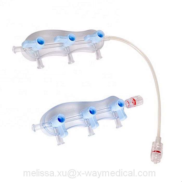 Pressure monitoring Saline contrast delivery block manifold, debubbling fluid pathway waste management system connection manifolds