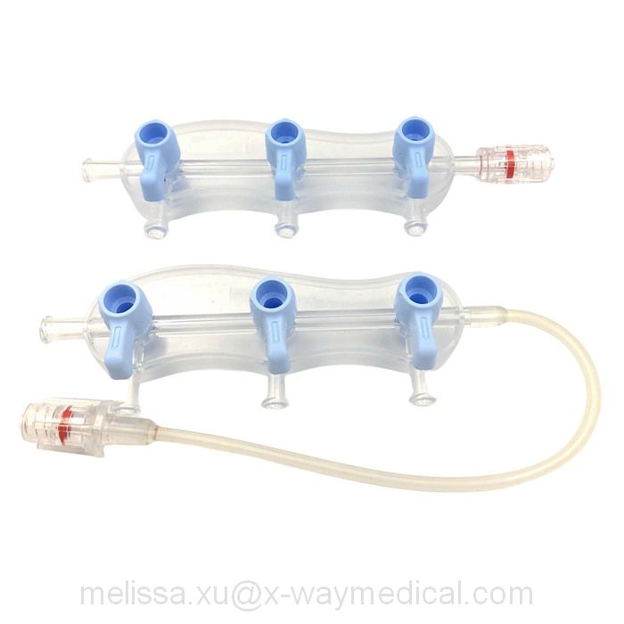 Pressure monitoring Saline contrast delivery block manifold, debubbling fluid pathway waste management system connection manifolds