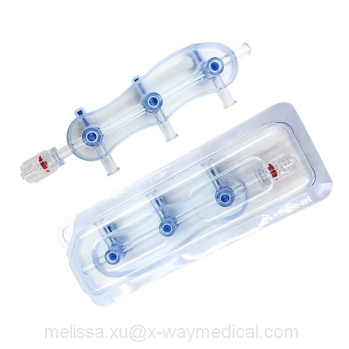 Pressure monitoring Saline contrast delivery block manifold, debubbling fluid pathway waste management system connection manifolds