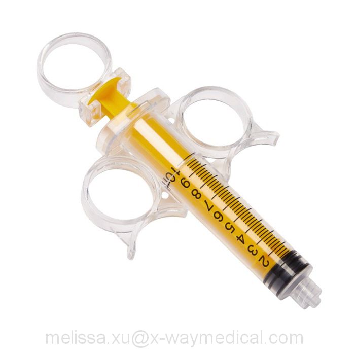 Polypropylene Colored control syringe, fluid flow accurately injection syringes with thumb ring finger and fixed male luer lock fitting connector